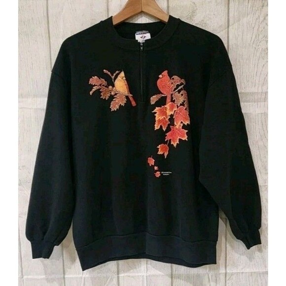 Jerzees Tops - Vtg Jerzees Fall Theme Sweatshirt Woman's Large Black W Autumn Leaves And Robins